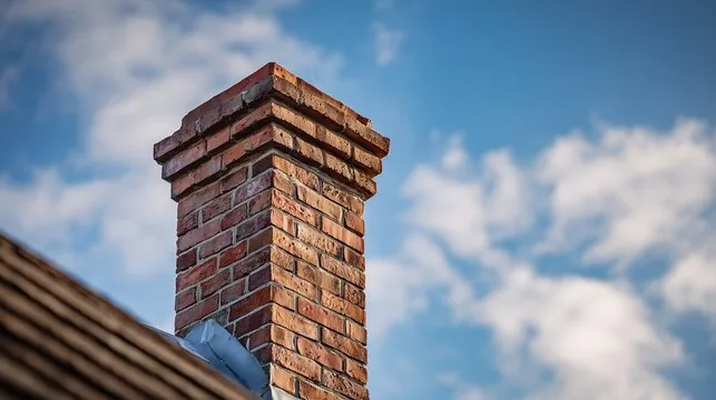 Corbelled brick chimney top under a blue sky