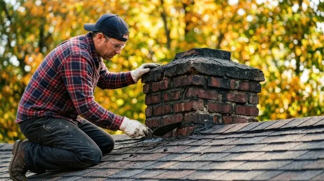 Mason kneeling on a roof inspecting a weathered brick chimney crown