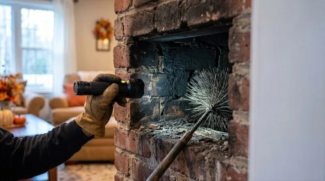 Technician checking a brick firebox with a flashlight and brush in a living room