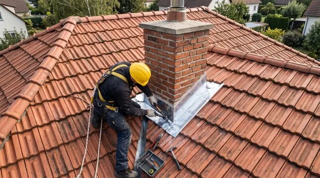 Roofer in a harness and hard hat installing metal flashing at a chimney on a clay tile roof