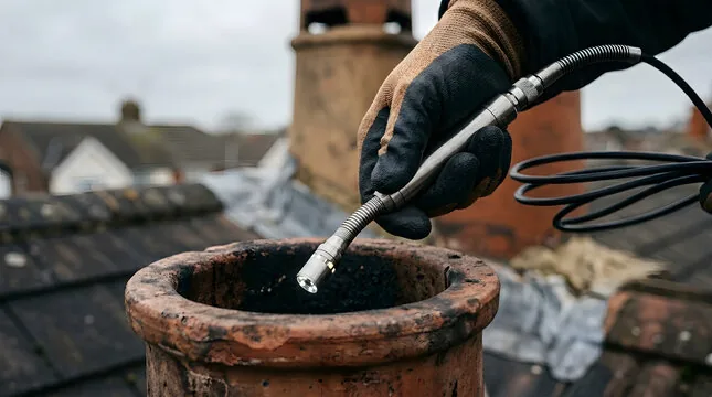 Gloved hand lowering an inspection camera into a clay chimney pot