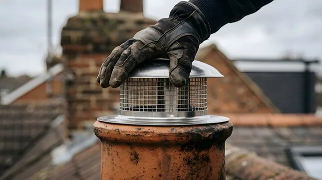 Gloved hand fitting a stainless mesh spark-arrestor cap over a clay chimney pot