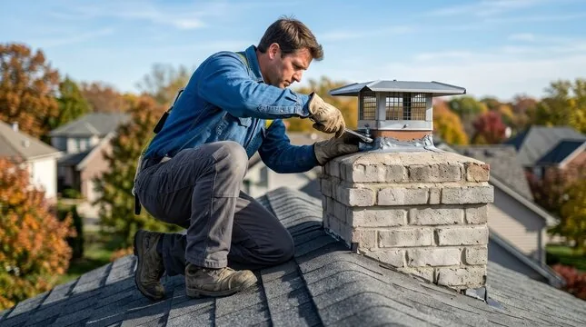 Technician fastening a stainless chimney cap onto a painted brick chimney