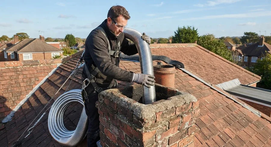 Technician in a harness feeding a stainless steel liner into a brick chimney on a tile roof