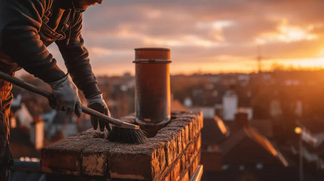 Brushing a chimney top beside a clay pot at sunset