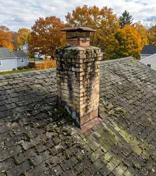 Before: worn, stained pale brick chimney with growth on the brick and roof